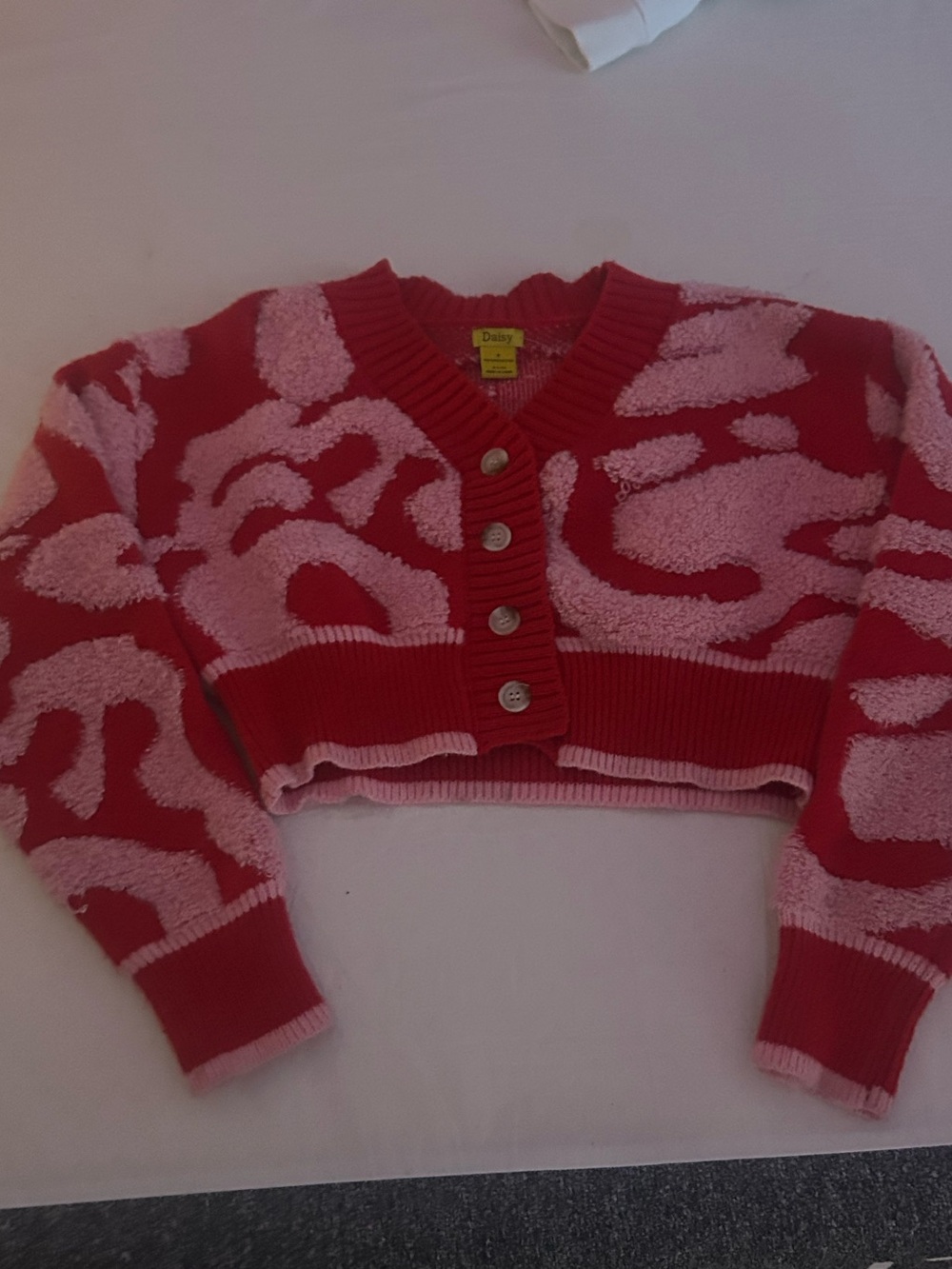 Daisy Pink and Red Cropped V-Neck Button Cardigan